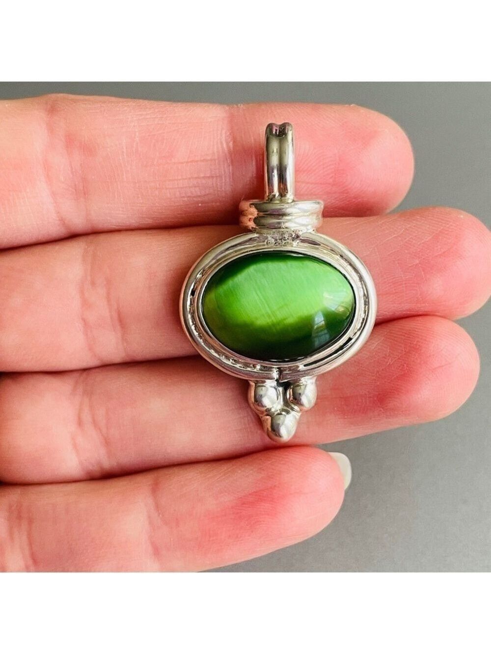 Green Cat’s Eye Mexico Sterling Silver Pendant Necklace Enhancer - Picture 5 of 8